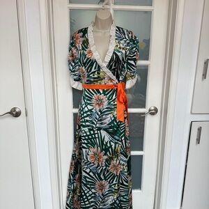 Blue and Green Puff Sleeve Maxi Sundress